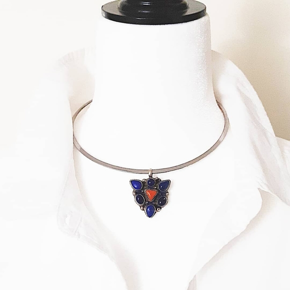 Tibetan Lapis Lazuli (pd6) Coral Pendant Natural Gems Blue Red Triangle Silver - Picture 2 of 8